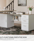 L Shaped Electric Standing Desk With Light Walnut Finish Built In File Cabinet And Spacious Shelving height adjustable ergonomic corner workstation with stylish light walnut top.