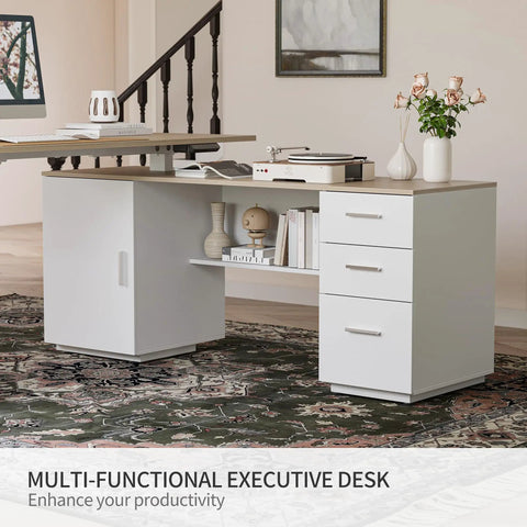 L Shaped Electric Standing Desk With Light Walnut Finish Built In File Cabinet And Spacious Shelving height adjustable ergonomic corner workstation with stylish light walnut top.