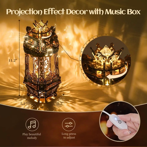 LED 3D Wood Puzzle Poker World Lamp With Music Box And DIY Craft Kit showing projection effect with a glowing poker-themed design.