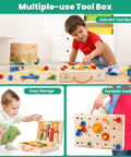 90 Piece Wooden Toddler Tool Set With Box For Kids Ages 3 To 5, FSC Certified wood, child building with tool set