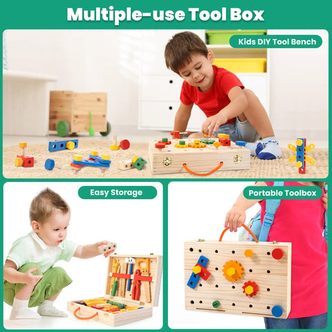 90 Piece Wooden Toddler Tool Set With Box For Kids Ages 3 To 5, FSC Certified wood, child building with tool set