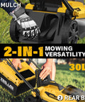 Cordless Lawn Mower And String Trimmer Combo 20V showing mulch function and 30L rear bag capacity on a grass lawn
