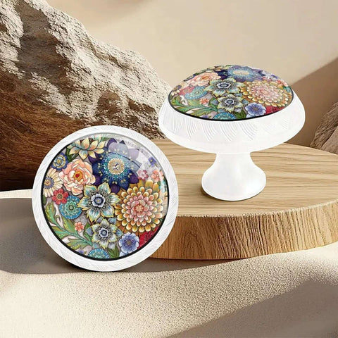 Boho Mandala Crystal Glass Drawer Knobs, 6 Pack With White Base, unique bohemian cabinet knobs with floral mosaic pattern