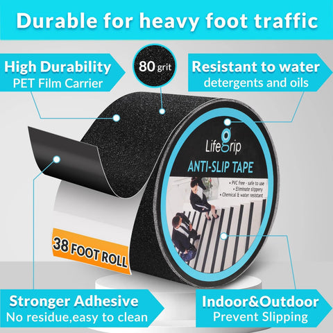 Lifegrip anti-slip tape roll, 4 in x 38 ft, black abrasive PET film carrier with blue label.