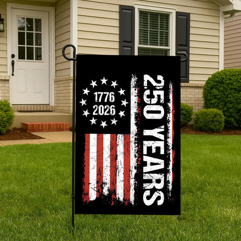 250th Anniversary Patriotic Garden Flag Double Sided 12x18 Inches With Stars And Stripes Design 1776-2026 in yard