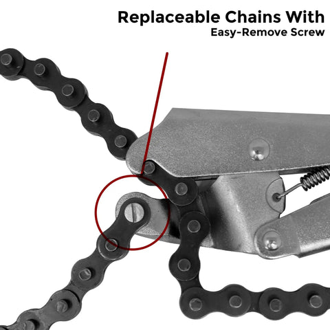 Locking Chain Pliers With 36-Inch Chain Holds Up To 10.5-Inch Diameter Pipe Quick Release Trigger showing replaceable chain link