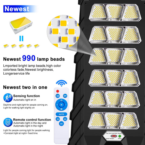 Beefy 600W Solar Street Light Outdoor IP65 Waterproof Ultra Bright 60000LM with 990 LEDs, motion sensor, remote control