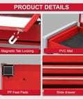 Product details of Portable Three Drawer Steel Tool Box Set In Red With Magnetic Tab Locking, focus on magnetic lock and drawer.