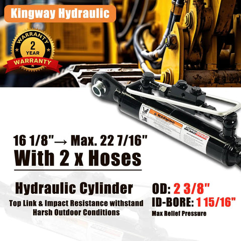 Kingway Cat 1 Hydraulic Top Link Cylinder With 7800 Lbs Push Force For Tractor Three Point Hitch Heavy Duty Farm And Construction Gear Excellent Smooth Operation with hoses and specifications.