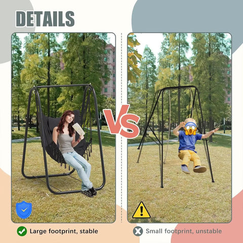 Comparison of Large Footprint Heavy Duty Rustproof Hammock Chair With Stand and Unstable Small Footprint Chair in Woodland Setting