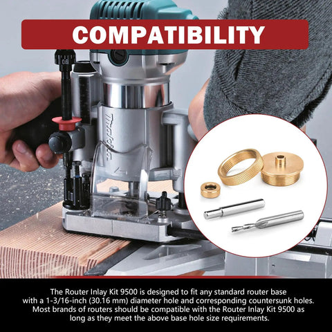 Inlay Bushing Kit 9500 Replacement For Solid Brass Router Inlay Kit With tools, router, and compatibility information displayed.