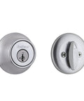 Round Satin Chrome Deadbolt Lock For Exterior Front Entry Doors With Keyed Exterior Lock And SmartKey Rekey Security Dope Pick Resistant Core Single Cylinder Security Lock For Quick Stress Free Home Access, showing front and back view.