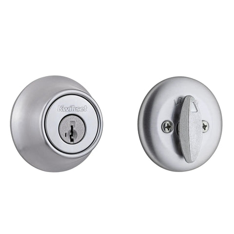 Round Satin Chrome Deadbolt Lock For Exterior Front Entry Doors With Keyed Exterior Lock And SmartKey Rekey Security Dope Pick Resistant Core Single Cylinder Security Lock For Quick Stress Free Home Access, showing front and back view.