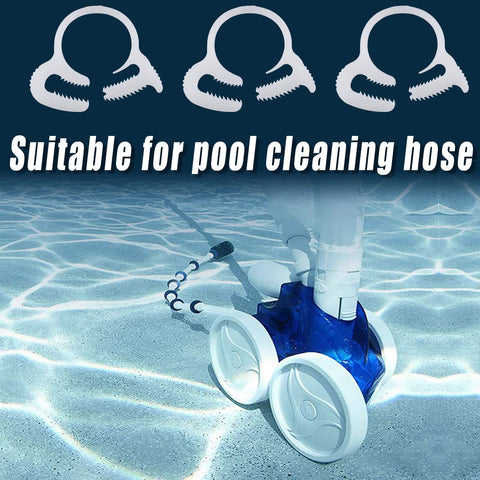 Pool cleaning hose with Twenty Piece Heavy Duty Double Snap Grip Nylon Hose Clamps Set With Ratcheting Adjustable Clamps visible underwater.