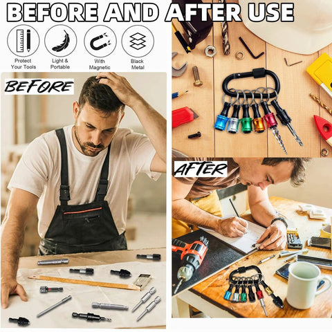 Before and after use of aluminum alloy quarter inch hex shank screwdriver bits holder extension bar with tools on desk.