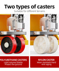 Heavy Duty Manual Pallet Jack Built Different For Tough Tasks Featuring Rock Solid 5500 Pound Capacity showing polyurethane and nylon casters for diverse surfaces.