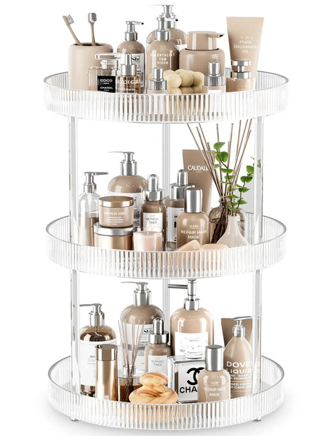 3 Tier Lazy Susan Bathroom Countertop Organizer With 360 Degree Rotating Clear Tray For Makeup Cosmetics Perfume And Skincare