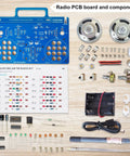 AM FM Radio Kit For DIY Soldering Projects And Electronics Teaching Hands On STEM Gift Dope Stereo Receiver Complete Parts Kit With Full Color Manual Upgraded VT-16 Version Easy Build For Beginners components displayed