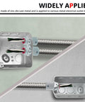 20 Pack Snap In Mc Cable Connectors For Electrical Boxes No Sweat Snap Fit Hustle Free Wiring Setup Ul Rated Armored Cable Clamping Collars in zinc die-cast metal attached to electrical outlet box.
