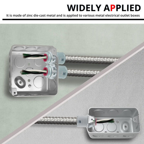 20 Pack Snap In Mc Cable Connectors For Electrical Boxes No Sweat Snap Fit Hustle Free Wiring Setup Ul Rated Armored Cable Clamping Collars in zinc die-cast metal attached to electrical outlet box.