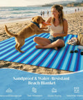 Woman and dog on Extra Large Beach Blanket Waterproof And Sand Free For 3 To 4 People 7 By 7 Feet Lightweight Beach Mat