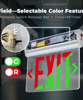 Edge-Lit Exit Sign With Selectable Red And Green LED, clear acrylic panel, showing color switch option in hallway setting