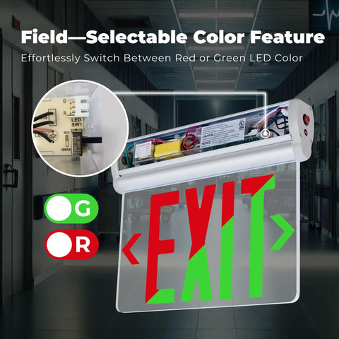Edge-Lit Exit Sign With Selectable Red And Green LED, clear acrylic panel, showing color switch option in hallway setting