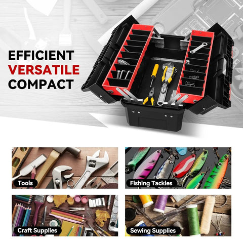 Big Boy Foldable Two-Layer Tool Box Workhorse with Non-Slip Handle and Removable Tray Storage Red Heavy-Duty Sturdy Construction for Workshop and Garage Equipment Organization 20-Inch Portable Design with open compartments holding tools and accessories.