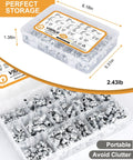 Grease Fittings Kit With 280 Pieces SAE And Metric Zerk Fittings Assortment in clear plastic storage box with dimensions shown.