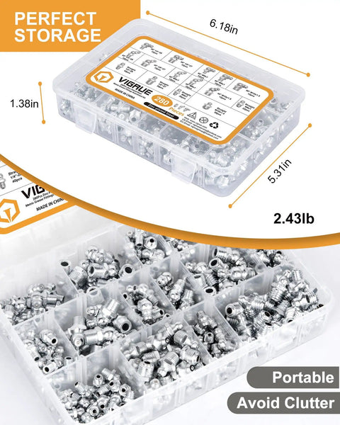 Grease Fittings Kit With 280 Pieces SAE And Metric Zerk Fittings Assortment in clear plastic storage box with dimensions shown.