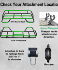 Diagram showing attachment of Single ATV Gun And Bow Rack For Handlebar Mounts, fits 5/8 to 1 inch bars, offset design details.