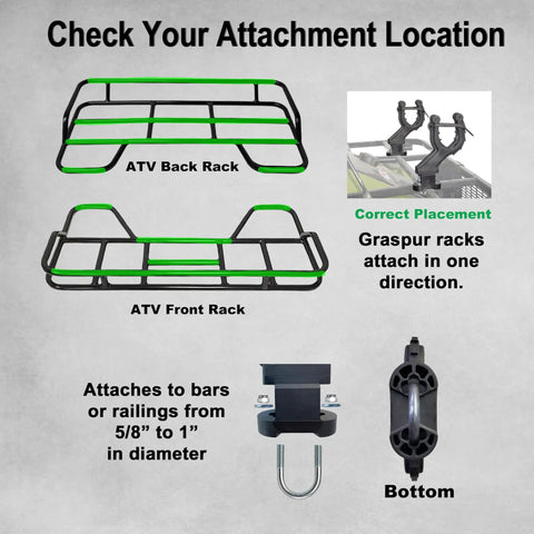 Diagram showing attachment of Single ATV Gun And Bow Rack For Handlebar Mounts, fits 5/8 to 1 inch bars, offset design details.