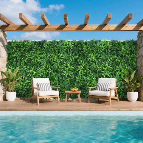 Poolside setup with 12 Pack 20x20 Grass Wall Panels Set For Indoor Outdoor Decor UV Protected Artificial Hedge Backdrop Privacy Fence Screen Realistic 3D Greenery Wall With 5 Inch Leaves For Gardens Weddings Parties No Fuss Easy Setup