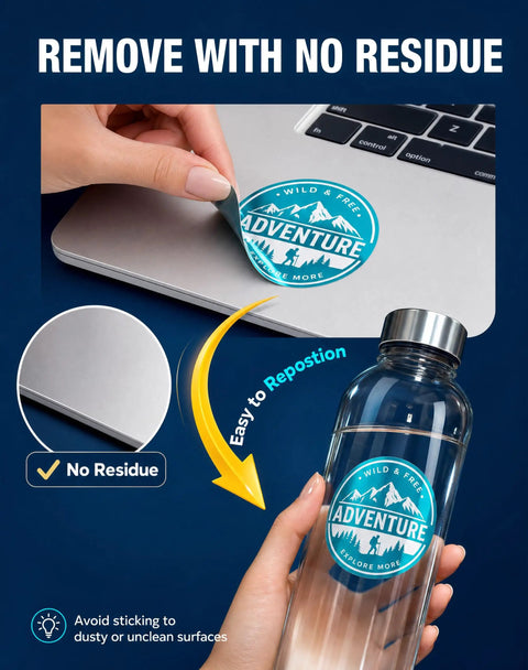 Hand removing a glossy sticker from a laptop showing Kickass Premium Glossy Printable Vinyl Sticker Paper. Easy repositioning.