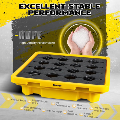 Three Piece Spill Containment Pallet Set With Drain Outlet Heavy Duty 800Kg Capacity Holds One 200L Drum shown in yellow HDPE