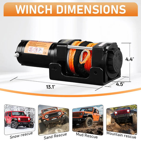 4500lb Electric Winch With Synthetic Rope For Off Road Recovery 12V DC Motor With Serious Torque 185 To 1 Gear Ratio Three Stage Planetary Drive Auto Braking For Power Outages 41.3 Ft Rope, dimensions shown