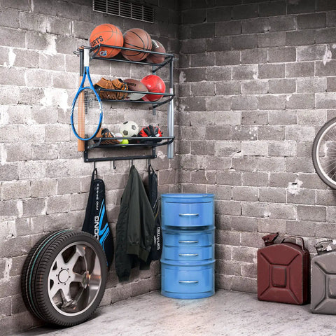 Three Tier Wall Mounted Gear Organizer With Ball Rack Bat And Racket Holders And Four Helmet And Accessory Hooks Heavy Duty Garage Storage In Glossy Black
