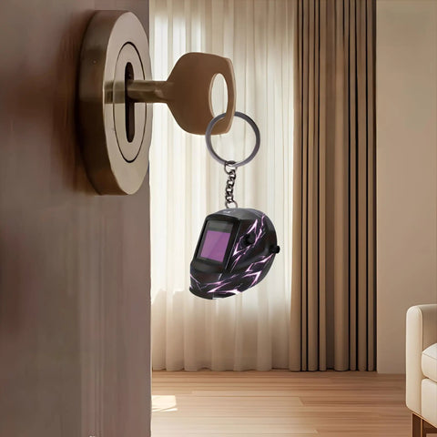 Lightning Pattern Welding Helmet Keychain with Durable Chain on Room Door Knob