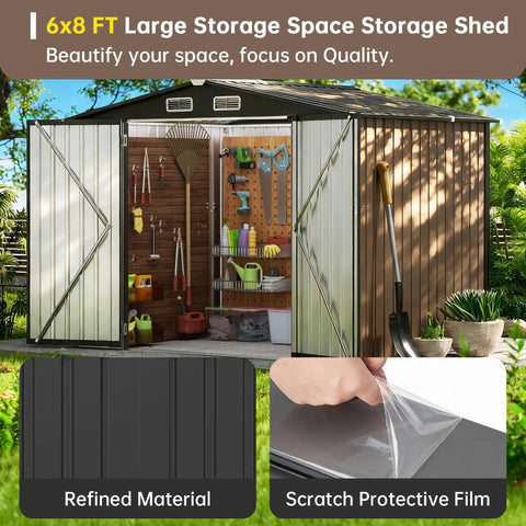 Rugged Metal Storage Shed With Sloping Roof For Backyard And Patio, doors open revealing organized tools inside.