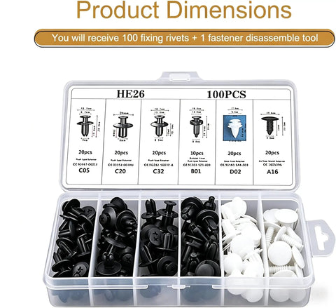 Image of Dope Bumper Push Fasteners Kit 100 Piece Rivet Clips Set With Removal Tool ABS Universal Body Clips in a clear box.