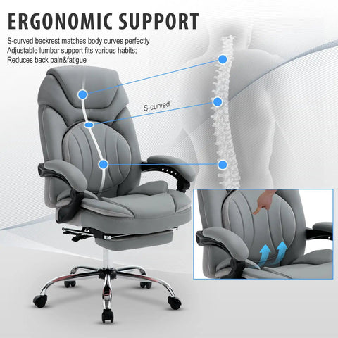 Ergonomic 400lbs Capacity Reclining Office Chair With Footrest And Back Support High Back Wide Seat Napping Recliner PU Leather