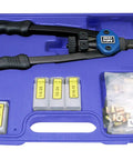 13-Inch Nut And Thread Hand Riveter Kit With Toolless Quick-Change Head in blue case with mandrels and rivet nuts