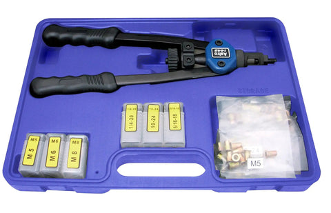 13-Inch Nut And Thread Hand Riveter Kit With Toolless Quick-Change Head in blue case with mandrels and rivet nuts