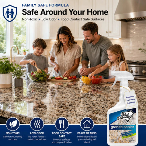 Family using Hassle Free Spray Sealant That Locks Down Granite And Marble Countertops Against Daily Messes in a kitchen.