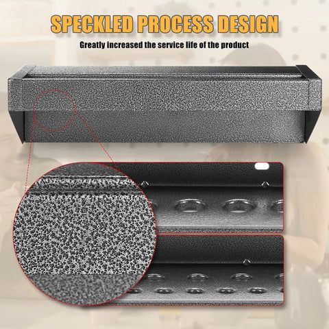 Close-up of Metal Wall Mounted Tool Organizer Set for Workshop showing speckled steel finish and durability features.