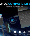 Four Port Powered USB 3.0 Hub With Individual LED Power Switches For Independent On Off Control Supports Up To 5Gbps High Speed Data Transfer Plug And Play Easy Expansion For Desktops Laptops And Notebooks, 2ft cable