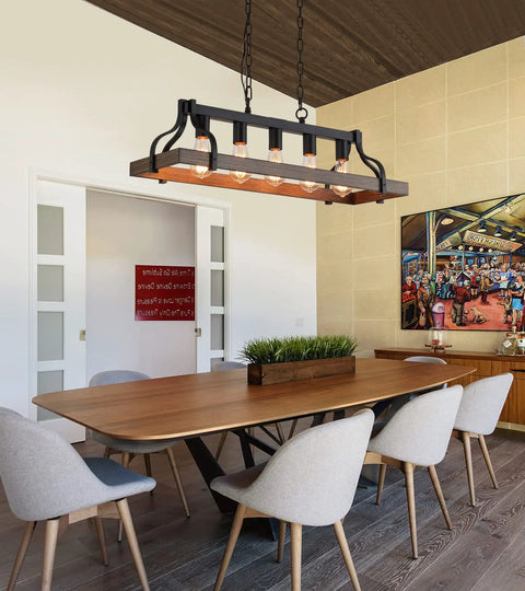 Rustic Farmhouse Kitchen Island Pendant Light With Five Lights Linear Chandelier In Black With Retro Wood Finish