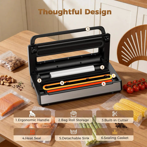 Heavy Duty Vacuum Sealer Machine With 95KPa Suction Full Auto Food Sealer showing ergonomic handle and built-in cutter on table