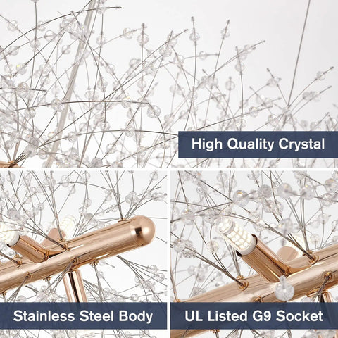 Details of 12-Light Crystal Firework Chandelier With Gold Metal Finish, showcasing high quality crystal and stainless steel body