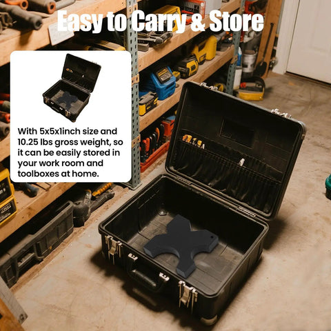 Two Pack Arbor Press Plate Set For 20 Ton And 32 Ton Hydraulic Shop Presses in a tool case, shown in a workshop setting.